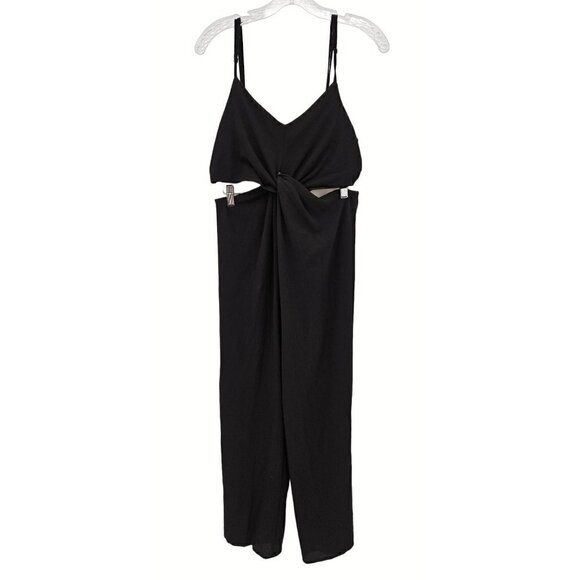 As You Wish Jumpsuit Sz L Black Wide Leg Cut Out Cross Over Knot Front Tie Back - Picture 3 of 10